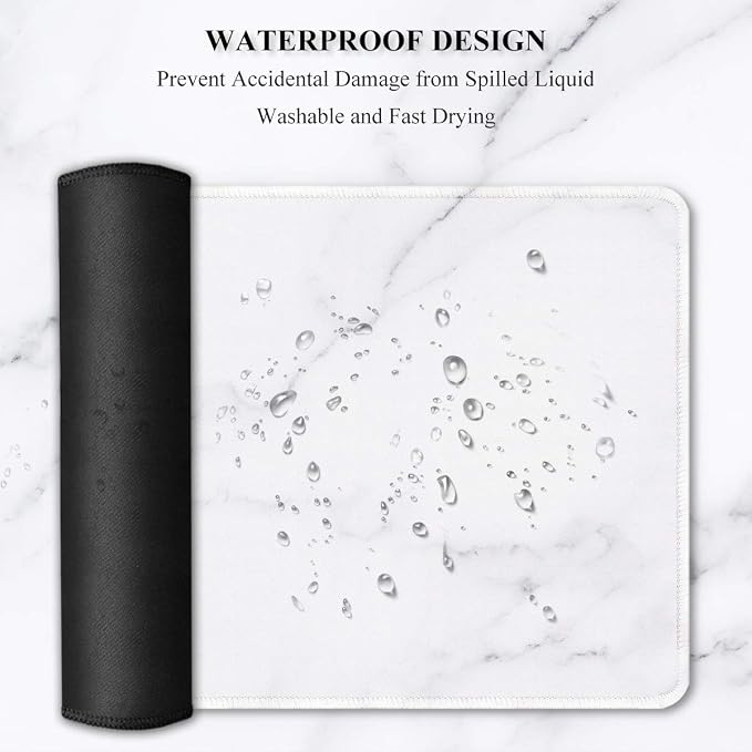 Auhoahsil Large Gaming Mouse Pad, Marble Theme XXL 35.4 x 15.7 in Desk Pad Stitched Non-Slip Rubber Long Computer Mousepad Thin Extended Full Size Desk Mat for Desktop, Laptop, Wireless Mice, White