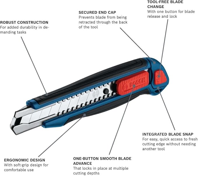 BOSCH H11-14200-1 3-Piece Utility Knife Set | Folding, Snap-Off, and Retractable Knives with Robust Design, Integrated Blade Storage - Includes 7 Blades