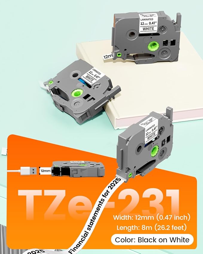 Label Maker Tape Replacement for Brother P-Touch Label Tape TZe-231 TZe231 | TZe TZ 12mm 0.47 Inch Laminated White, Compatible with Brother PT-D210 PT-D220 PT-H110 PT-D410 PT-D610BT, 5-Pack