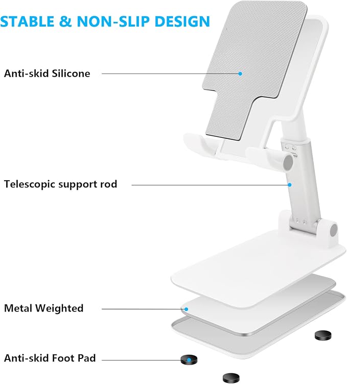 Cell Phone Stand for Desk, Angle & Height Adjustable Phone Holder, (White) | Fully Foldable, Fits for All Under 6.5" Smartphones, Ideal for Home, Office & Travel Use