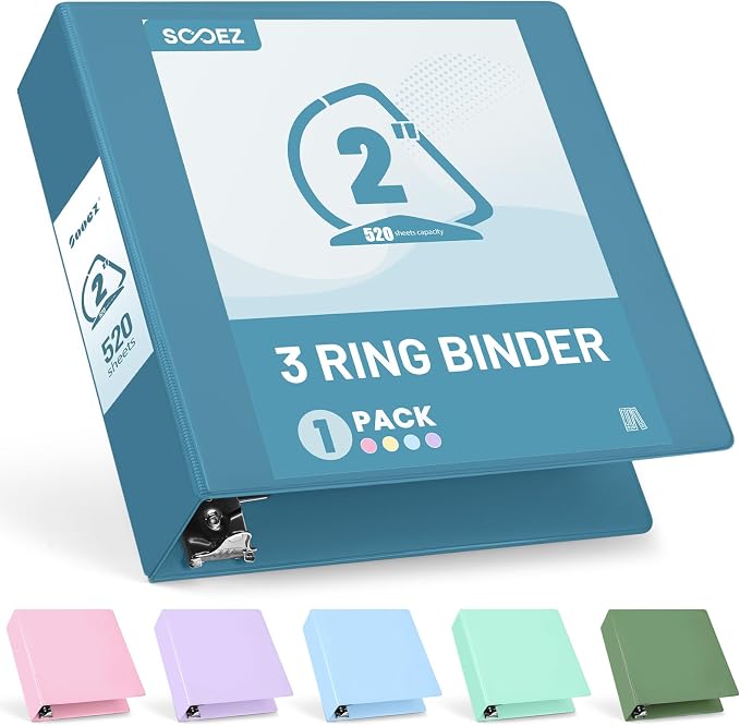 Sooez 3 Ring Binder 2 Inch, D-Ring Binder with Pocket, Grey Blue, 8.5"x11" | Holds 520-Sheet of Letter Paper, Extra Durable, PVC-Free, Clear View Cover, Interior Pockets, Eco-Friendly, School, Office