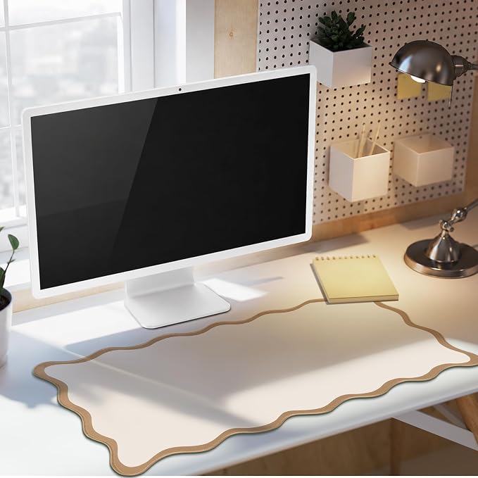 Hahafelt Scalloped Desk Mat Waterproof,Beige,23.6 X 13.8 Inches | Coquette Preppy Style for School Office Makeup Vanity, Nonslip Gaming Desktop Protector with Scalloped Stitched Edge Mat