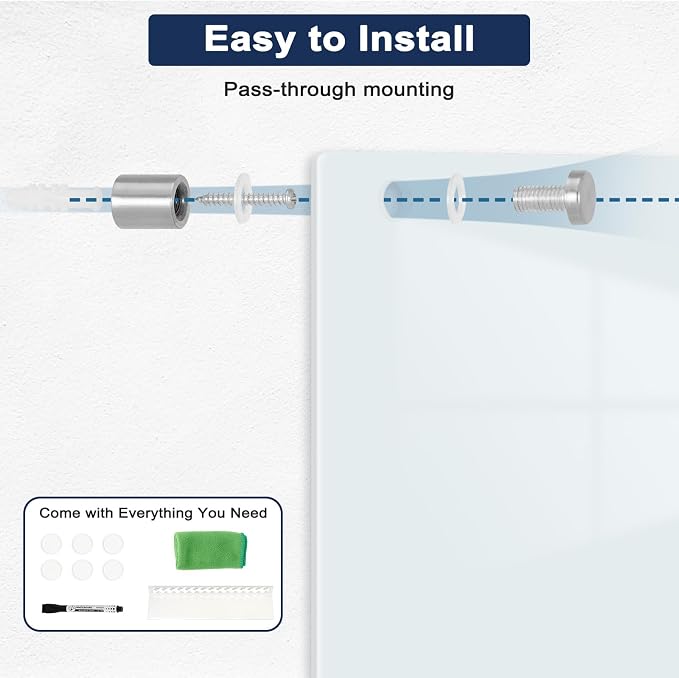 Magnetic Glass Whiteboard, 30" x 20", Frameless Wall Mount, Normal White | Glass Dry Erase Board for Wall, Includes 1 Marker Tray and 6 Magnets, White Board for Office, Home, Classroom
