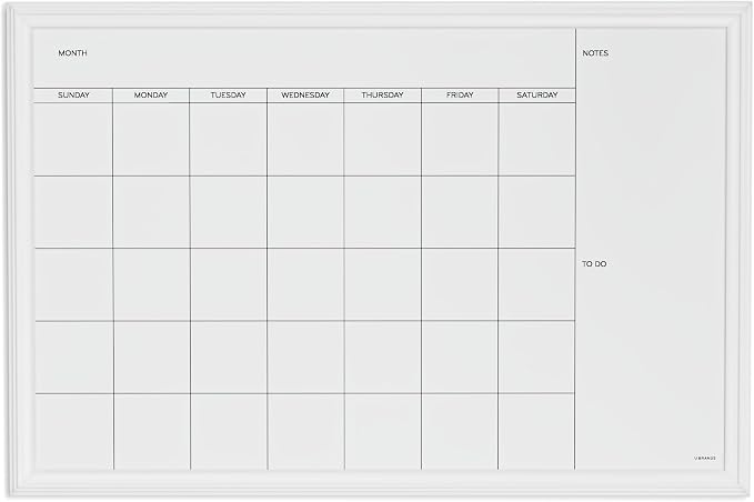 U Brands Magnetic Dry Erase Calendar White Board, 30" x 20", White Wood Style Frame, Includes Magnets | 30 x 20 in. Monthly grid plus notes and to-do sections. Magnetic painted steel. Hangs either way. 5-year warranty.
