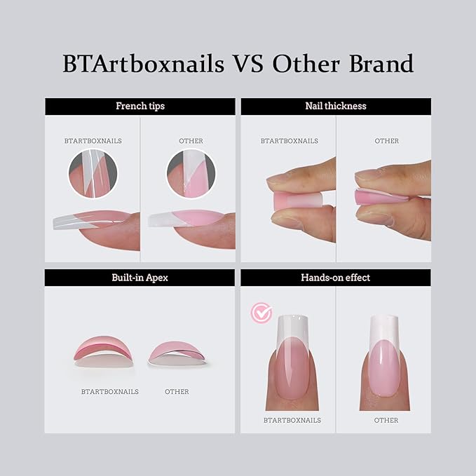 BTArtboxnails French Gel Nail Tips - French Tip Press on Nails Pink Medium Almond XCOATTIPS for Nail Extensions