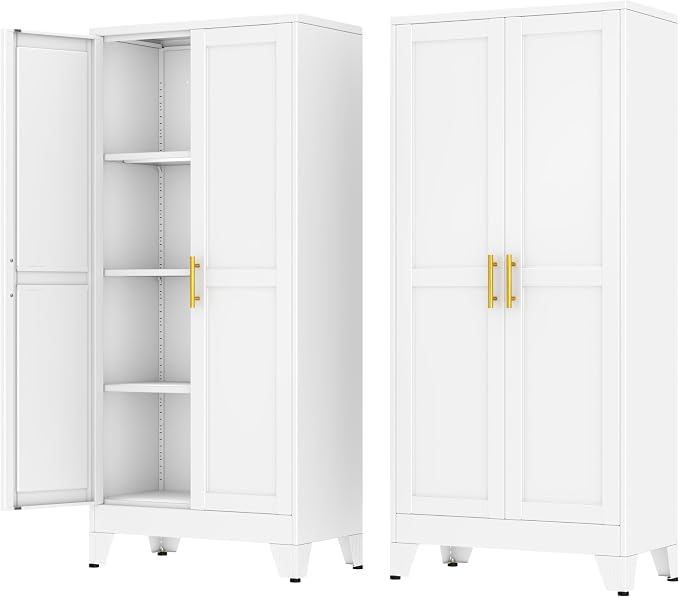 Metal Storage Cabinet with 2 Doors and 3 Adjustable Shelves - 61" Steel File Cabinet,Tool Cabinets for Office,Home,Garage,Gym,School,Bathroom,Kitchen(White)