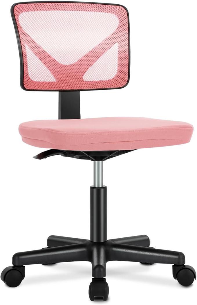 DUMOS Armless Desk Chairs, Small Home Office Mesh Chairs | Ergonomic Adjustable Mid Back, Swivel Rolling Task, Computer Work Vanity Small Spaces, Pink