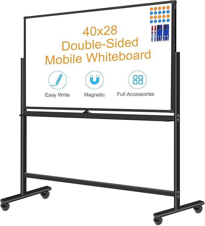 Magnetic Mobile White Board, Double-Sided 40"x28" Dry Erase Board with Stand, Portable Rolling Whiteboard on Wheels with 2 Eraser, 6 Markers, 20 Magnets