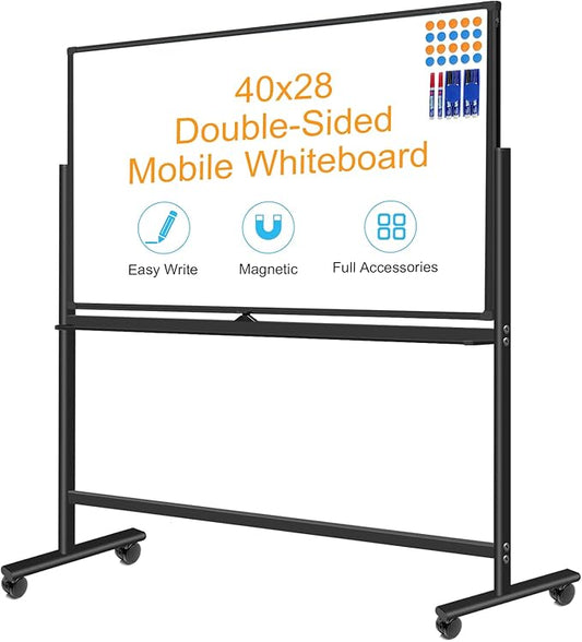 Magnetic Mobile White Board, Double-Sided 40"x28" Dry Erase Board with Stand, Portable Rolling Whiteboard on Wheels with 2 Eraser, 6 Markers, 20 Magnets