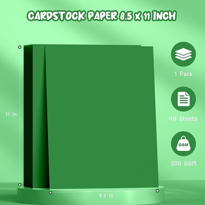 Dark Green Cardstock Paper 8.5 x 11, 40 Sheets Cardstock Printer Paper 8.5x11, Green Card Stock Paper 8.5 x 11, 200 GSM Dark Green Construction Paper for DIY Cards, Greeting Cards, Party Decorations