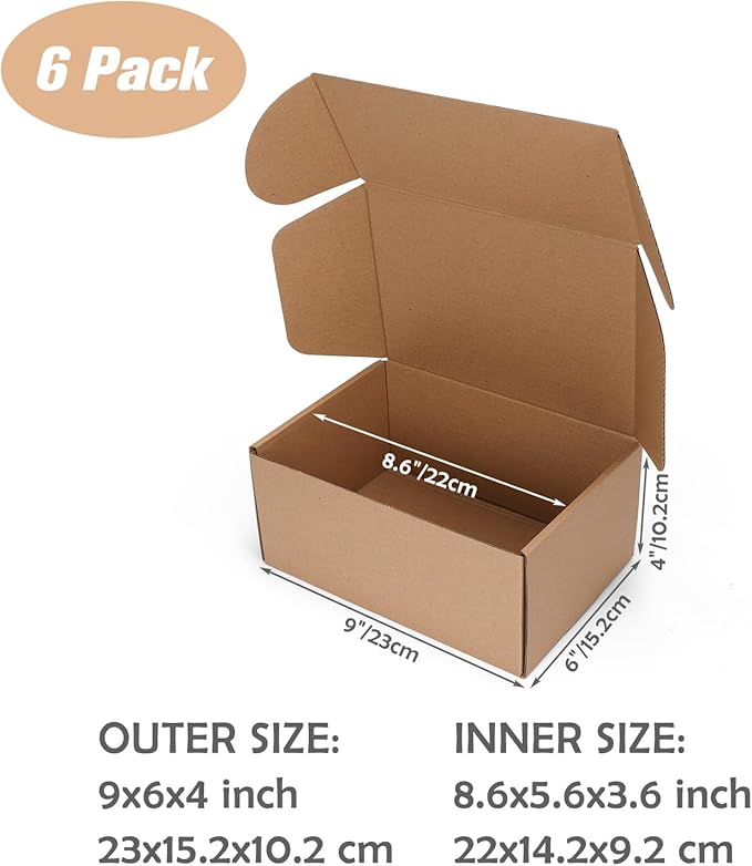 9x6x4 Shipping Boxes Set of 6, Small Cardboard Boxes for Packaging, Brown Mailing Boxes for Small Business