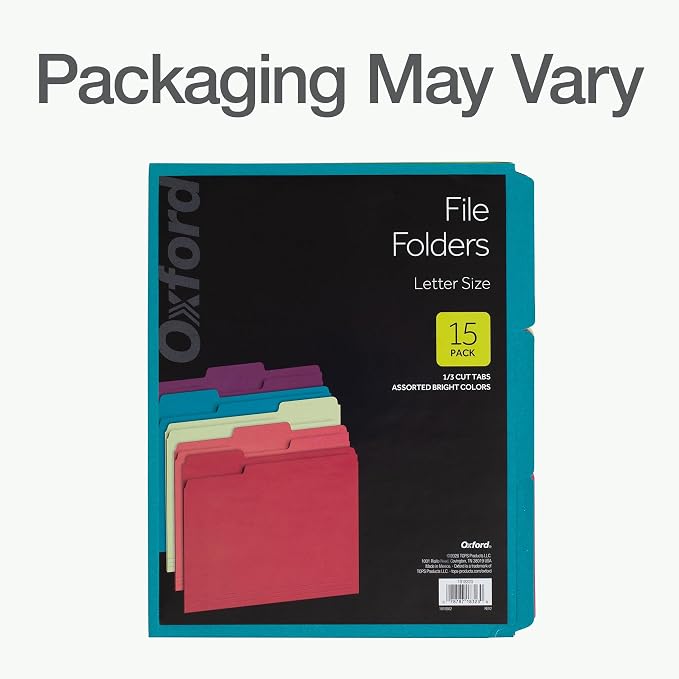 Oxford Colored File Folders, 15 Pack, 3 Tabs, 5 Bright Colors, Letter Size (8.5" x 11"), Color-Coding for School, Office & Home Document Organization