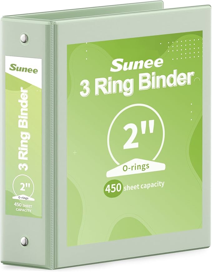 SUNEE 3 Ring Binder 2 Inch 1 Pack, Clear View Binder Three Ring PVC-Free (Fit 8.5x11 Inches) for School or Office Supplies, Sage Green