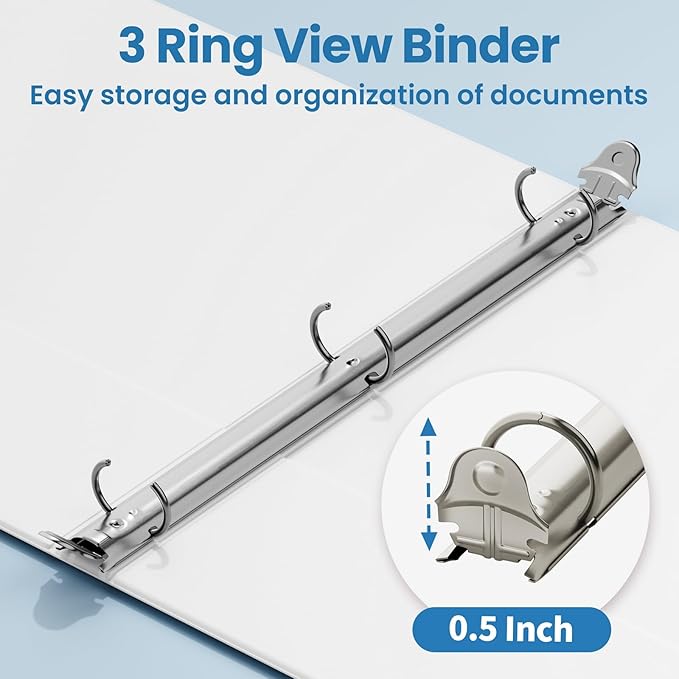 SUNEE 1/2 Inch Binders 3 Ring 10 Pack Bulk, PVC-Free Clear View Half Inch Binders (Fits 8.5x11 Inches) for School, Office & Home Use, White