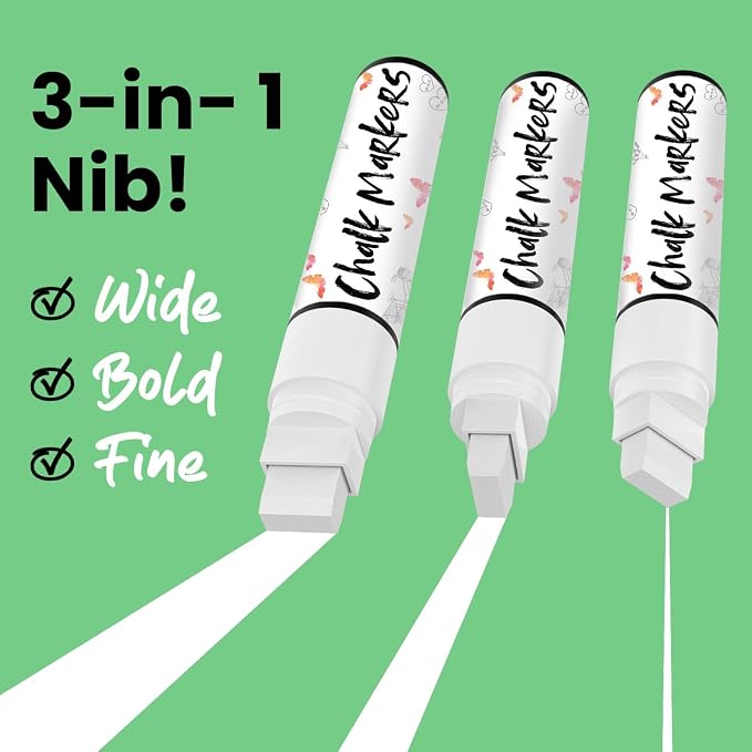 Chalkola 15mm Jumbo Car Window Markers for Glass Washable | 2 White 2 Black | 4, 15mm Thick Chalk Pens Safe Erasable Liquid Chalk Markers for Blackboard, Chalkboards, Glass Board, Auto, Mirror, Wedding