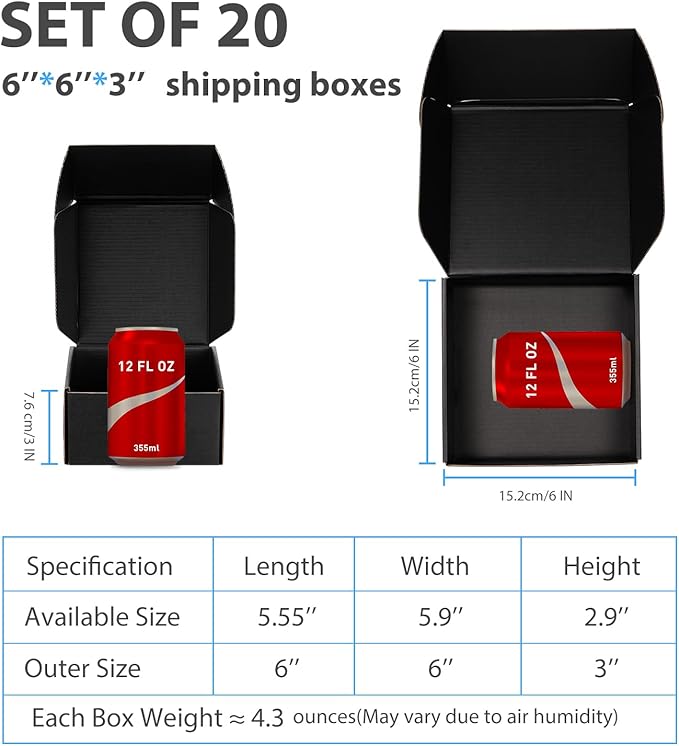 Small Shipping Boxes 6x6x3 Inches – Black Corrugated Cardboard Boxes (20-Pack) for Mailing, Packing, Small Business & Gift Packaging - Recyclable & Sturdy