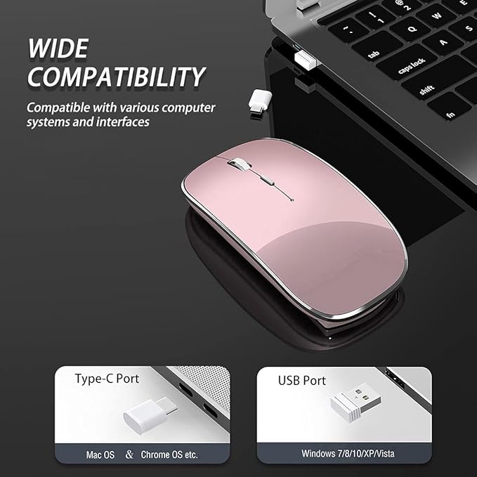 Wireless Mouse Chargeable Portable Silent USB and Type-C Dual Mode Wireless Mouse 3 Adjustable DPI for Laptop, Mac, Android, PC (Q23S Black) (Rose Gold)