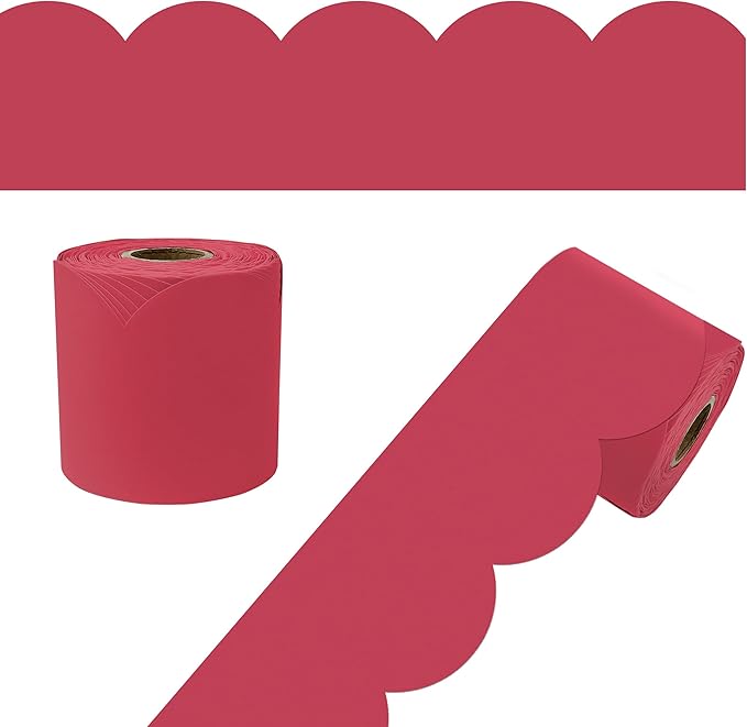 Carson Dellosa 65Ft of Berry Red Bulletin Board Borders, 1 Roll of Scalloped Trim for Rolling Whiteboard, Cork and Posterboard, Party, Christmas Decorations, and Classroom Decor