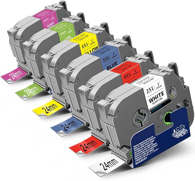6-Pack 24mm 0.94" Label Tape Colored Compatible for Brother Tape 1 Inch | PTouch Tze Tz 24mm Laminated Multi Color for PTP710BT PT-D610BT PTD600 PT2300 Label Maker, White/Red/Yellow/Blue/Green/Pink