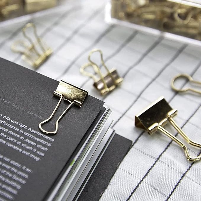 Paper Clips Binder Push Pin Set, Assorted Sized Binder Clips | Cute Office Supplies, Aesthetic Desk Accessories Teachers Desk Must Have, Paper Clips and Binder Clips Set, Gold, 3 Pack