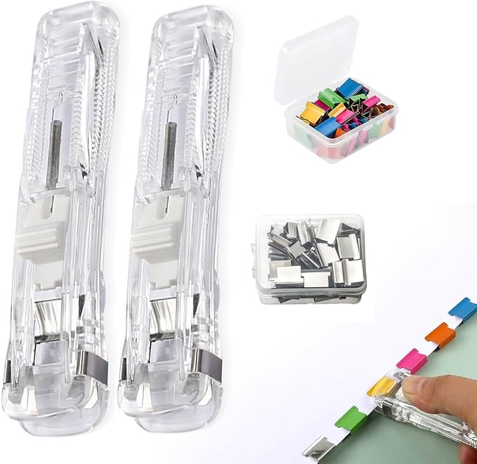 2 Pcs Portable Binder Clip Stapler, Handheld Paper Clam Clip Dispenser | Push Clips for Paper with 100 Refill Clips, Mini Handheld Push Stapler Clamps for Fixing Documents, School, Office