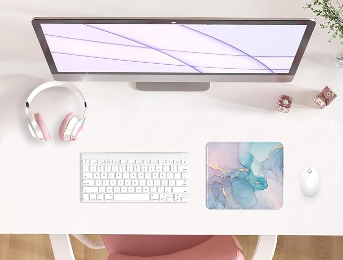 Mouse Pad with Stitched Edge, Multiple Patterns Computer Mouse Pads with Non-Slip Rubber Base, Washable Cloth Mousepad, for Gaming, Laptop, PC (Blue Blush Marble)