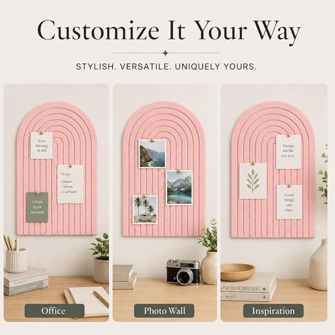 Large Arched Felt Bulletin Board, Sized 36" x 24" for Office & Wall Decor – 6 Customizable Adhesive Tiles with Pins are Perfect to Display Your Photos (Pink-A)