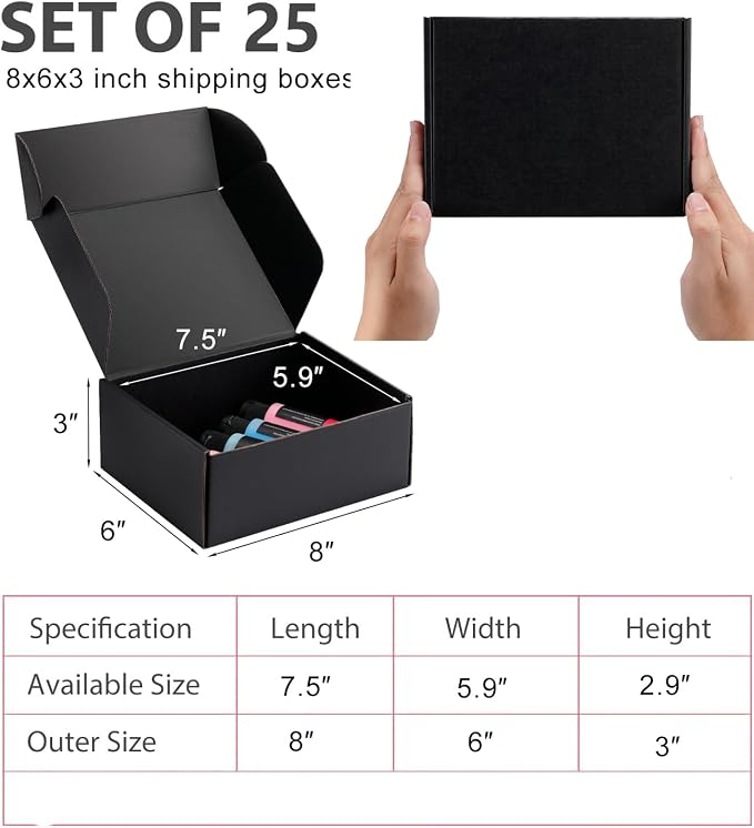 8x6x3 inch Black Shipping Boxes for Small Business- Set of 25 | Sturdy ECT 32 Corrugated Cardboard Mailer Boxes, Easy Assemble for Packaging, Mailing, Gift Giving & Ecommerce Packing