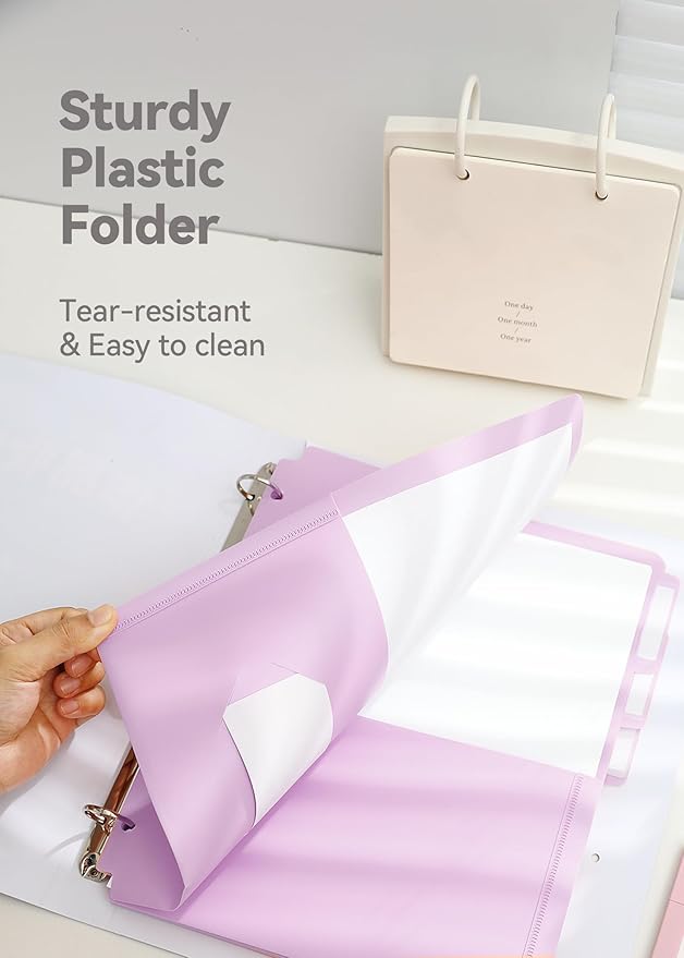 Plastic Folders with Pockets 3 Hole Punched, 6 Pack Purple Pocket Folders for 3 Ring Binder, Unique 1/3 Cut Tabs with Colorful Labels, Letter Size
