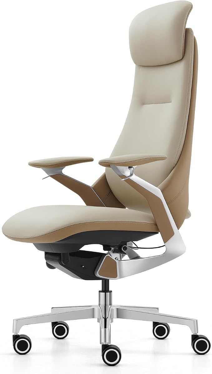 Genuine Leather Executive Office Chair，Top-Grain Cowhide, Ergonomic Design | Adjustable seat and headrest heights, 3-position recline (lockable)—suitable for home offices and high-end office settings.