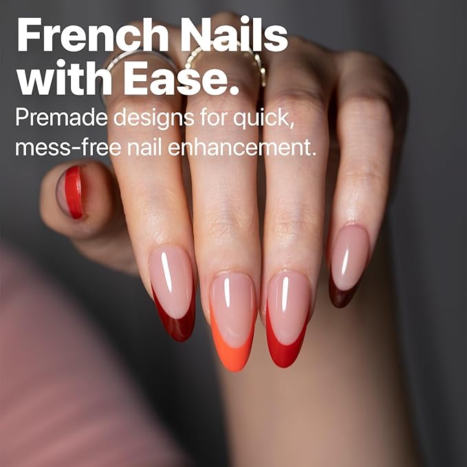 SXC Cosmetics French Tip Press On Nails 150 Pieces in 15 Sizes Ultra Fit with Pre-applied Tip Primer and Base Coat, No Need to File Fake Nails for Nail Art DIY X-Pro Tips (5RED115-M Almond)