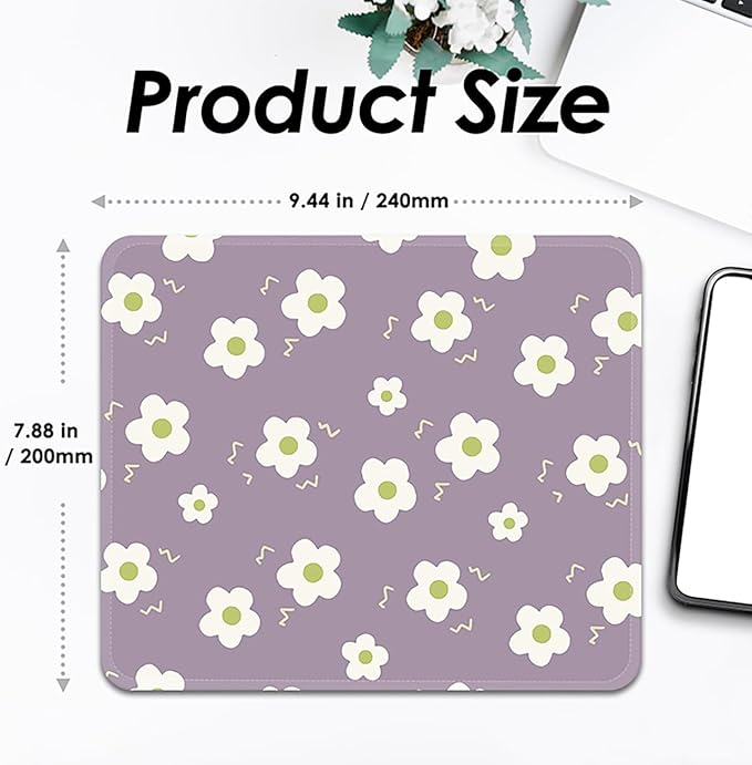Mouse Pad with Stitched Edges - Purple Floral Mousepad for Women, 9.25 x 7.75 inch Washable Square Desk Pad, Non-Slip Rubber Base, Office Home Laptop Accessories - Purple Bloom