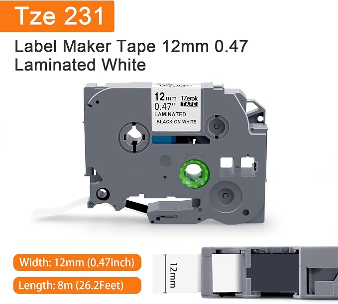 10PK Tze Tz Tape 12mm 0.47 Laminated White Replacement for Brother P-Touch | Label Maker Tape TZe-231 TZ231 Compatible with PT-D210 D220 D400 D410 H110 H111, 1/2" (12mm) x 26.2Ft