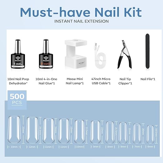 modelones X Nail Gel Kit,Square Nail Tips, 9-in-One Glue Prep Dehydrator & Portable Mini U V Light Acrylic Clipper, 500Pcs Medium Square Tips for Extension Kit DIY Salon Home Gift
