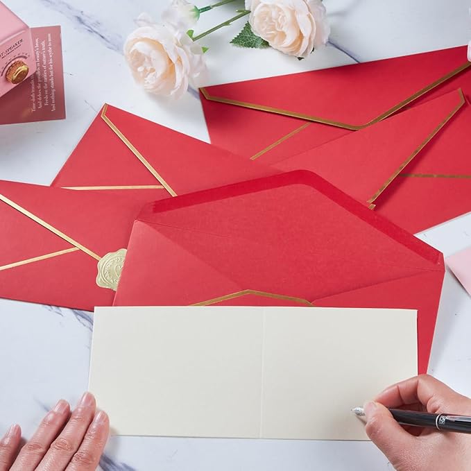 50 Pack #10 Business Envelopes with Gold Border, Self Seal Standard Envelopes with Gold Stickers for Office, Checks, Letter Mailing, Invoices, 4 1/8 x 9 1/2 Inches (Red)