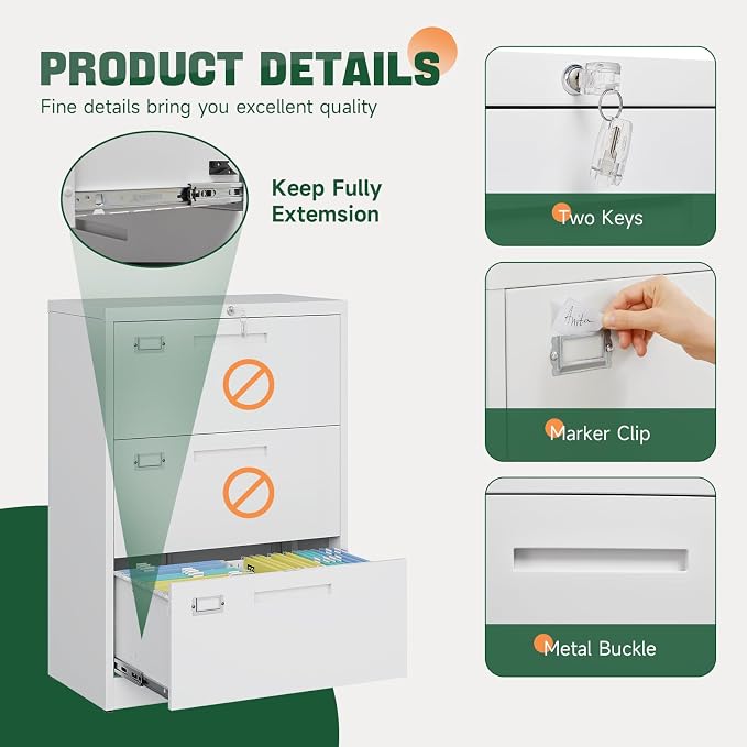 3 Drawer File Cabinets with Lock,Metal Lateral Filing Storage Cabinet Printer Stand,White Steel Home Office Cabinet for Hanging Files Letter/Legal/A4 Size (White, H39.84×W28.35×D15.74)