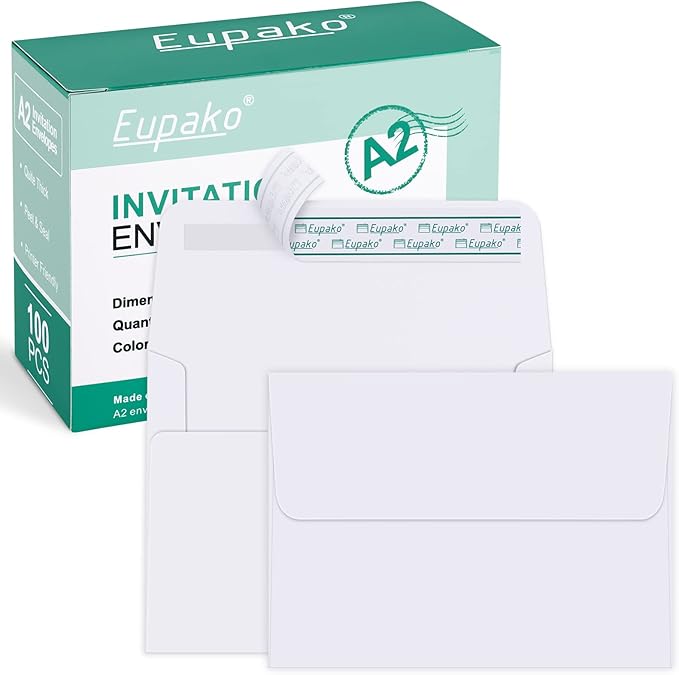 Eupako A2 White Paper Envelopes 100 Pack 4.375x5.75" Invitation Envelopes Self Seal for RSVP, Wedding, Thank you Notes, Greeting Cards, Photos, Announcements