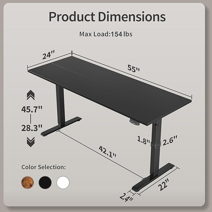 Agilestic Electric Standing Desk, 55 x 24 Inches Height Adjustable Desk, Sit Stand up for Work Office Home, Ergonomic Rising Computer Table with Memory Preset, Black