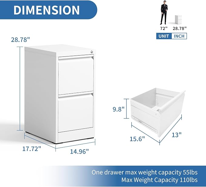 2 Drawer File Cabinet with Lock,Metal File Cabinet for Home Office | White Vertical Filing Cabinets Heavy Duty Office Storage Cabinets for Letter/Legal/A4/F4 Size File, Assembly Required