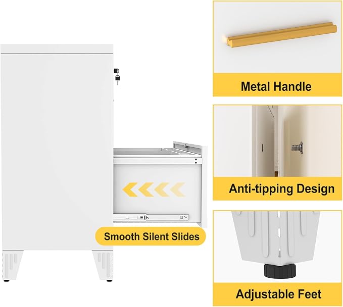 2 Drawer File Cabinet with Lock, Wide Metal Cabinet for Home Office | Independent drawer locks, Fits letter-size hanging folders, Steel finish for quick cleanup, Adjustable legs