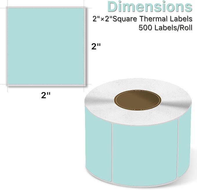 Square Thermal Label Stickers, 2"x2" (50.8mm x 50.8mm) Compatible with Multiple Thermal Printers Self-Adhesive Square Direct Strong Adhesive Thermal Labels, Green, 500 Sheets/Roll