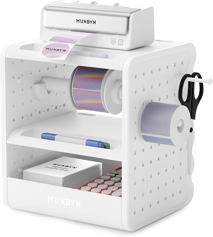 MUNBYN 4x6 Thermal Label Holder for Rolls and Fanfold Labels, ILH03 | 3-Tier Shelf, 5-in-1 Sticker Holder, Drawer, Hooks & Pegboard, For Shipping Label Printing, Office, Small Business, Home