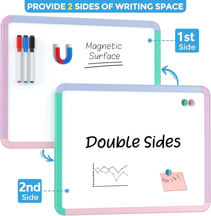MaxGear Small White Board for Wall, 14"x 11" Mini Double-Sided Magnetic Hanging Dry Erase Board with Markers, Portable Whiteboard for Planning, Drawing, Memo, to Do List, Macaron Multicolor Frame