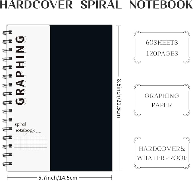 A5 Graph Paper Spiral Notebooks 4 Pack | Grid Notebook Hardcover Notebook Thick Graphing Paper Notebook Hardcover Journal for School, Office, Artist Writing/Drawing