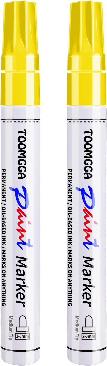 TOOMGGA 2 Yellow Paint Pens Permanent Paint Markers, Oil Based Medium Tip | Marking Pens, Quick Drying, Waterproof, Fade-resistant, for Rock Painting, Car Tyre, Metal, Plastic, Canvas, Mugs, Wood