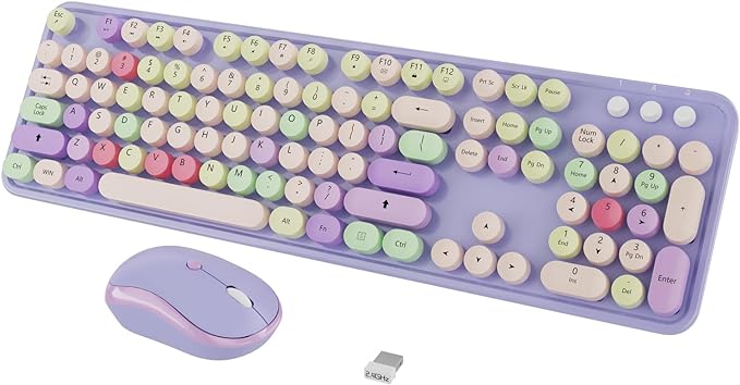Wireless Computer Keyboard and Mouse Combo,Colorful Purple | Ergonomic Full Size Typewriter Retro Round Keycaps Keyboard, Compatible with Windows, PC, Perfer for Home and Office