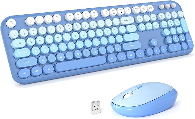 MOFII Wireless Keyboard and Mouse Combo, Computer Full Size 2.4G Plug and Play Wireless Typewriter Retro Round Keyboard and Mouse Set for Windows, Computer, Desktop, PC, Notebook - (Light Blue)