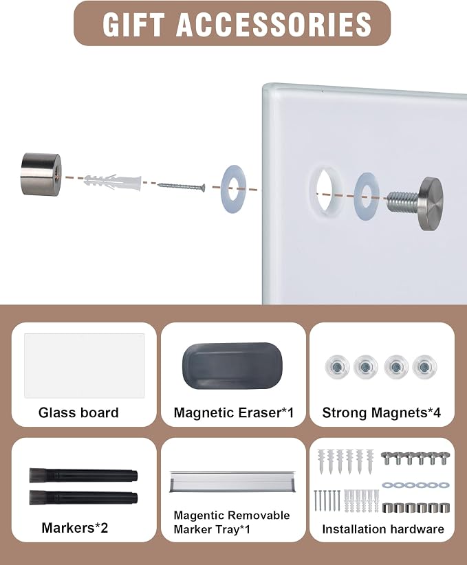 Mifuro Magnetic Glass Whiteboard，36"x24" Wall Mounted Frameless Dry Erase Board for Office, Home & School Ultra White