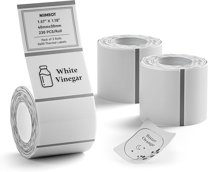 NIIMBOT 3 Rolls Set Label Tape for B1/B21/B3S Label Printer, 1.57" X 1.18" (40x30mm) Waterproof Thermal Label Tape for Kitchen Jar/Address/Barcode/Name Tag (Clear)