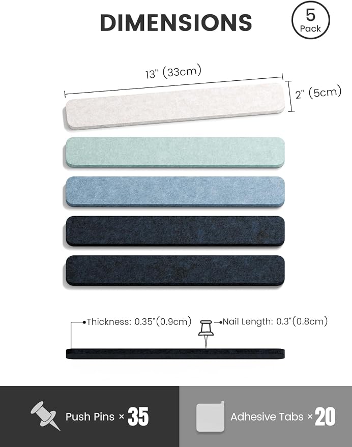Fluxynara 13" x 2" Felt Wall Panels, Ocean Gradient | 5-Pack Includes 35 Push Pins and Adhesive Tabs for Photos, Notes and Decor in Bedroom Doors, Home Office or Studios